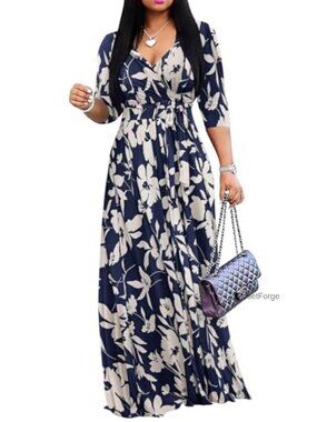 Womens Plus Size Maxi Dress Wrap V Neck 3/4 Sleeve Sundress Pockets